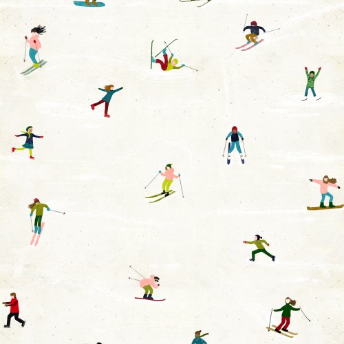 Playful winter scene with skiers and snowboarders gliding across snowy slopes on a soft cool white background.