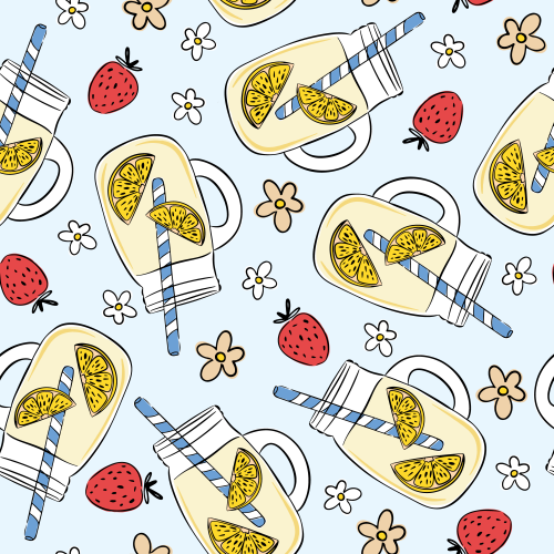 Cute tossed lemonade mason jars, strawberries, flowers for summer