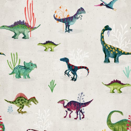 Tiny dinosaurs scattered in a ditsy style across a soft background, a playful and gentle prehistoric design.