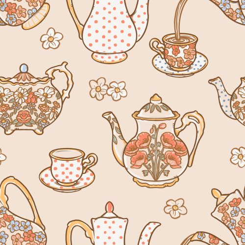 Tea Party hand drawn by Tylee Hansen. Available on cream, peach, or sage green.