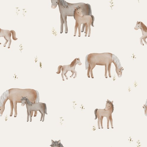 Hand drawn horse pattern. Horses in meadow.