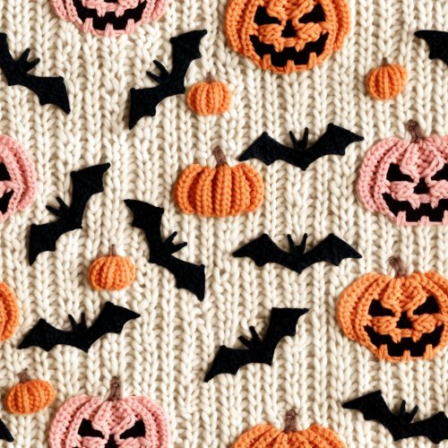 knitted pumpkin and bat design