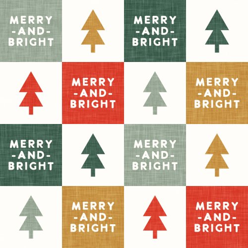 Multi Colored Check Christmas Fabric with Merry and Bright in alternating blocks