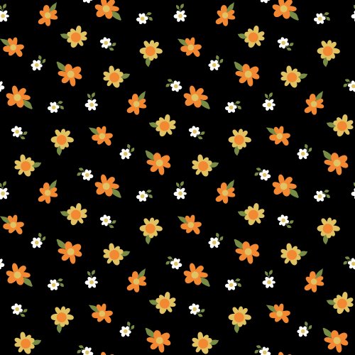 orange, yellow, and white florals on a black background
