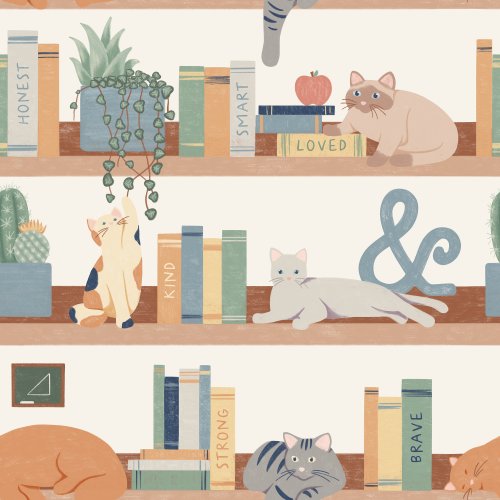 Cats on a classroom bookshelf full of plants, books with positive words of affirmation on the spines, apples, and small chalkboards in a playful back to school print