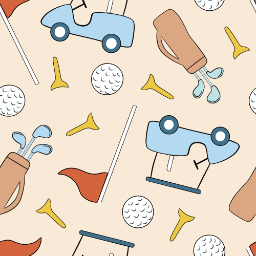 Tossed golf cart, golf sticks, balls, flags 