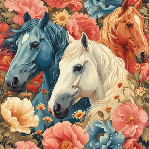 blue and white horses with pink floral design