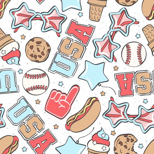 patriotic design with baseballs, hot dogs, ice cream cones, sunglasses