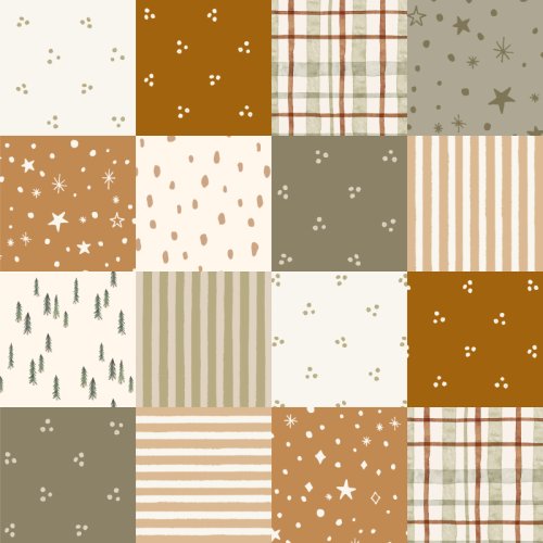 A patchwork quilt of squares with coordinating patterns in a warm autumnal palette.