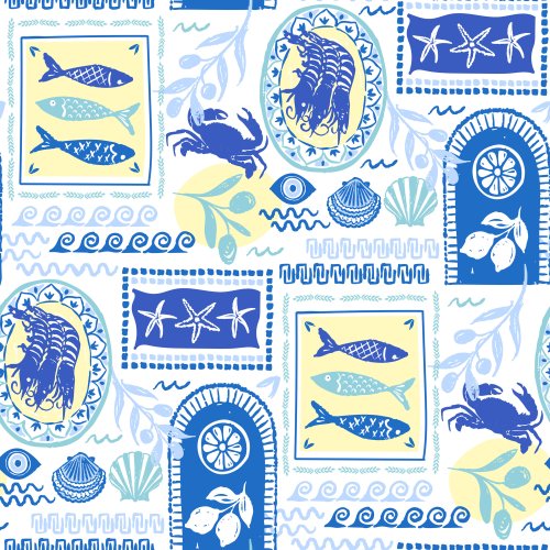  Mediterranean Summer Greek Isles postcard stamp print with rustic seafood, lemons, greek arches and boats in blue and white