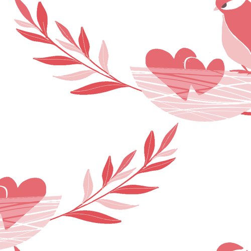 Valentine's Day design with pink birds and hearts on white background