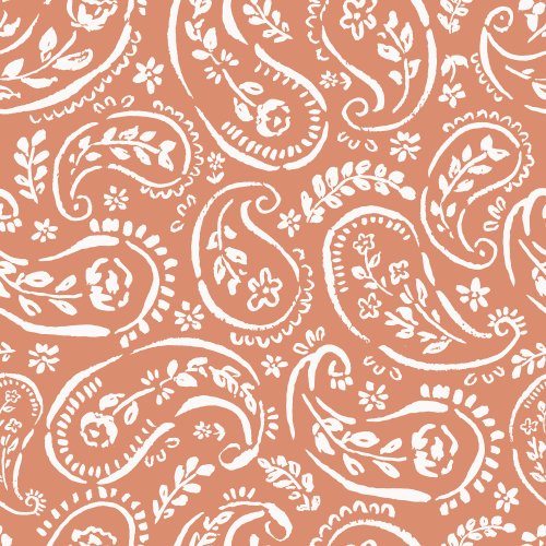 A beautiful cream floral inspired paisley on a rust pink background