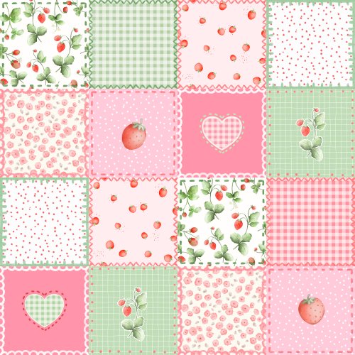 Hand drawn patchwork design with strawberries and flowers.