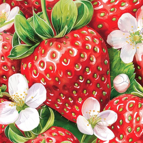 realistic strawberry and blossoms