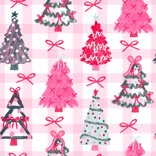 pink christmas trees with gingham background