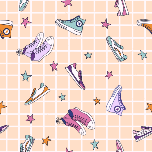 A playful repeating pattern of illustrated trainers and high-top sneakers in pink, purple, aqua and orange, scattered with colourful stars on a pale peach grid background.