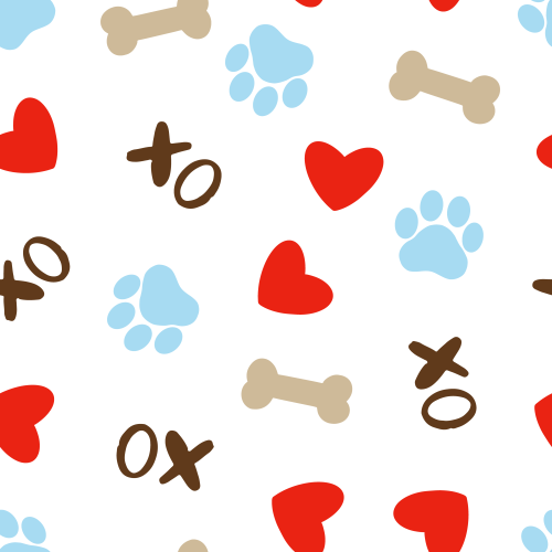 Cute tossed dog motifs, paws, bones, hearts, xo for Valentines Day