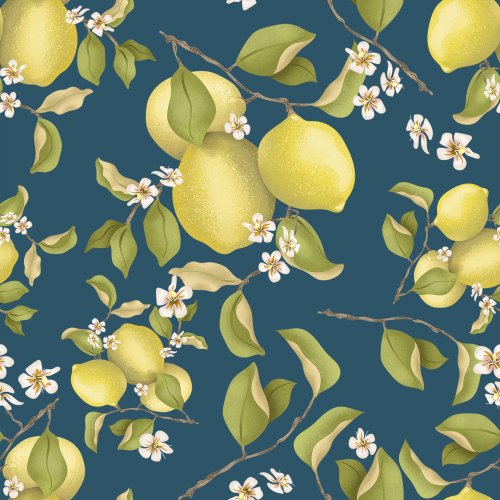 A lemon tree toss with lemons, lemon leaves, and lemon flowers in a non-directional toss.