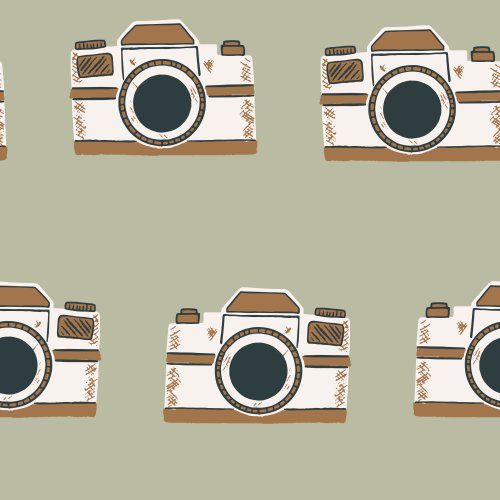 Seamless pattern featuring illustrated vintage cameras on a muted sage green or deep ochre background in a rustic retro style.
