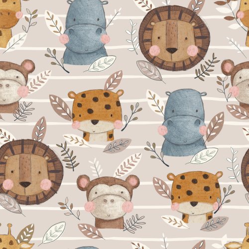 cheetah, monkey, hippo, lion faces with leaves on stripe background