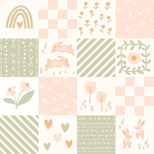 Patchwork cheater quilt pattern featuring a grid of folk-inspired motifs including florals, rabbits, hearts, stripes, and geometric blocks in a playful, handcrafted layout.