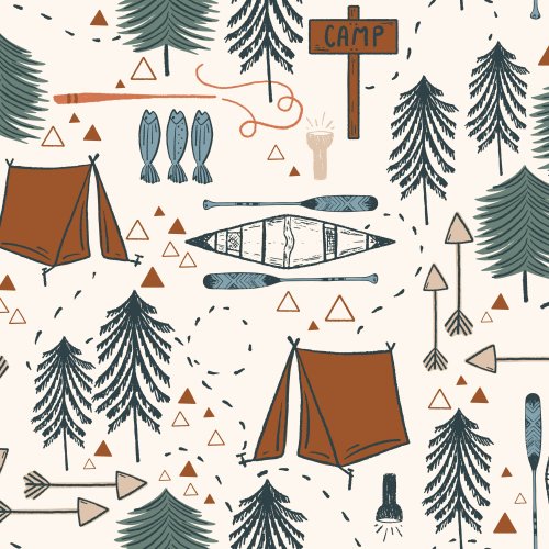 camping scene with fish, canoe, trees and camping tent