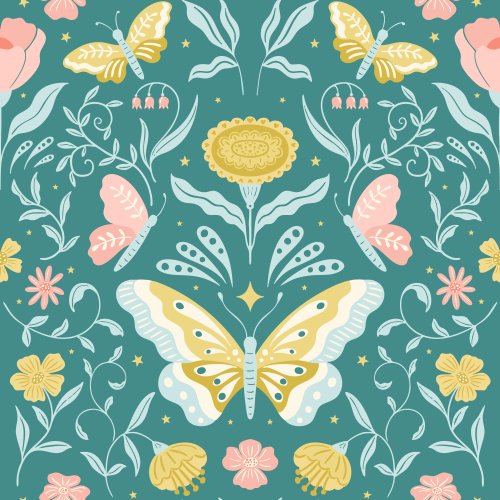 Decorative butterflies and floral motifs in soft pastel tones on a teal background