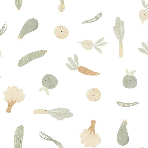 Softly colored vegetables with playful faces, including carrots, radishes, and peas, scattered across a gentle background.