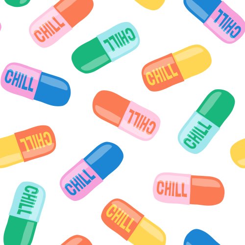 Chill pills in multi colors on a white background. 