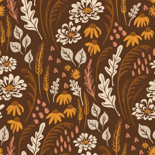 Golden yellow and white florals with pink deer and leafy details—this sweet fall fabric brings cozy woodland charm to kids’ clothes, quilts & decor.