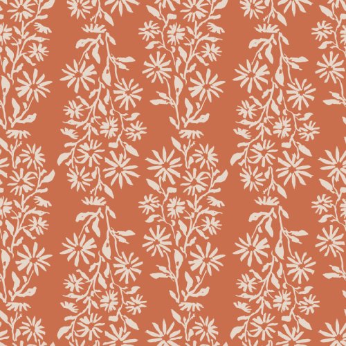An abstract floral handpainted cream floral stripe on rust background