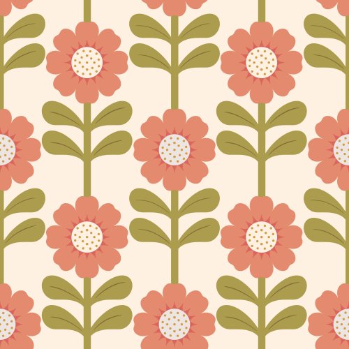 Retro daisies with peach blooms geometric pattern 