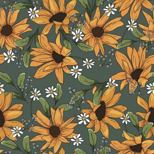 mustard yellow sunflowers on dark green background