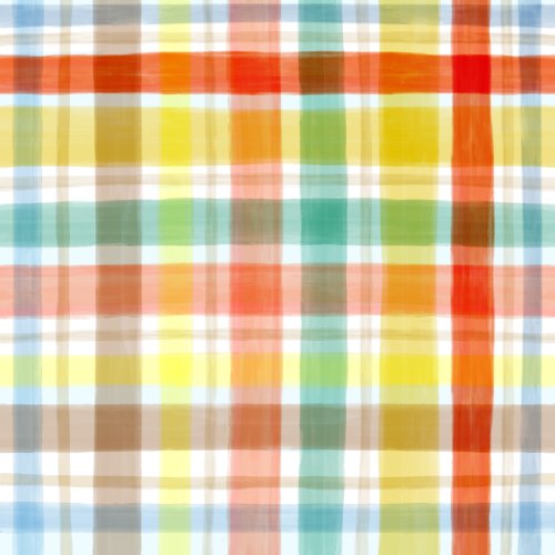 Vibrant hand drawn plaid with tones of yellow, orange, green, tan, and light blue