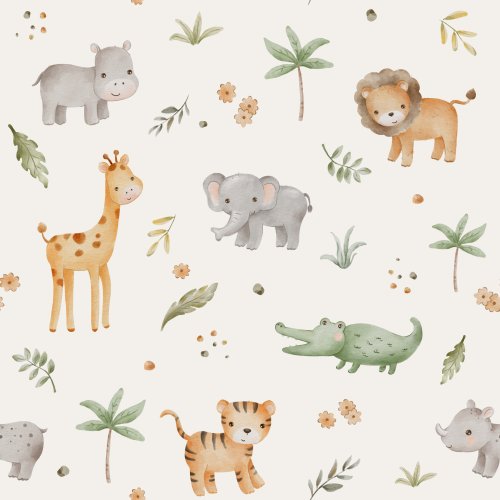 Hand drawn safari animals pattern. Tiger, lion, elephant, rhino, hippo, crocodile and giraffe.