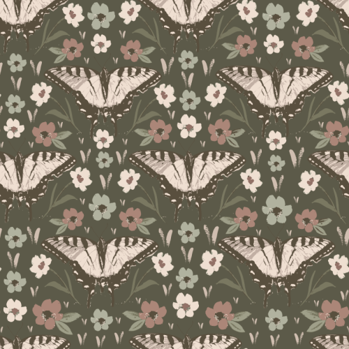 hand painted butterflies on a dark green background with textured earthy florals