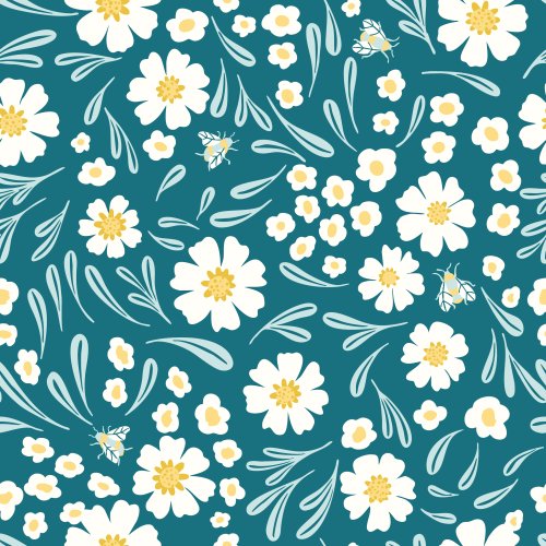 White daisies scattered across a rich teal background with leafy accents