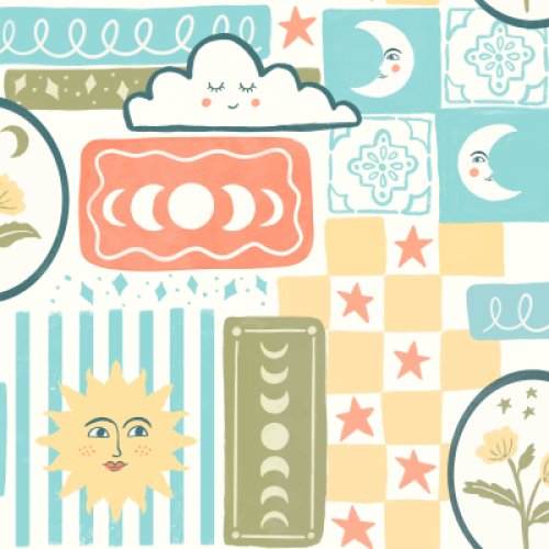 Whimsical celestial patchwork with sleepy moons, smiling suns, clouds, stars, flowers and moon phases in aqua, coral, butter yellow and sage.