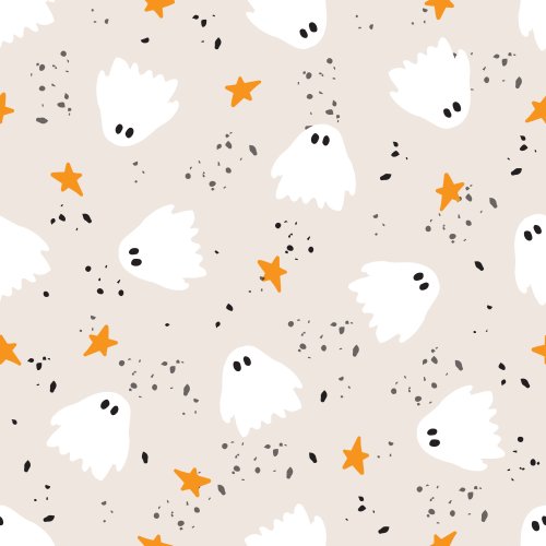 Cute Halloween Ghosts, orange stars & black, grey speckles on light beige 