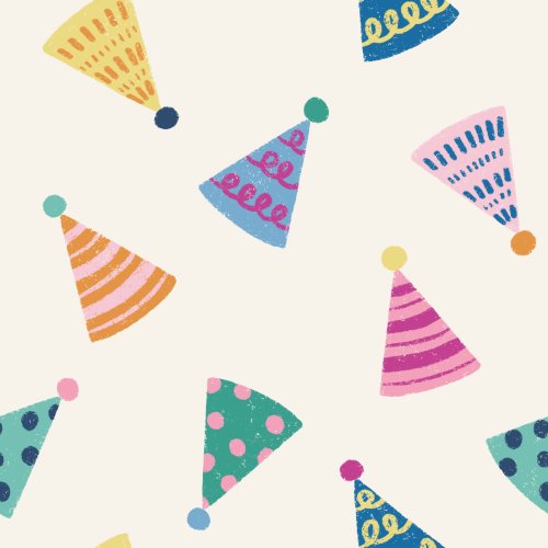 Tossed triangular birthday hats with pom poms in a non directional multicolor print with an off white background