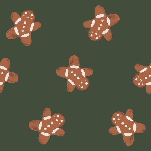 Scattered small Gingerbread Men with a smiley face and 3 buttons on a dark green background