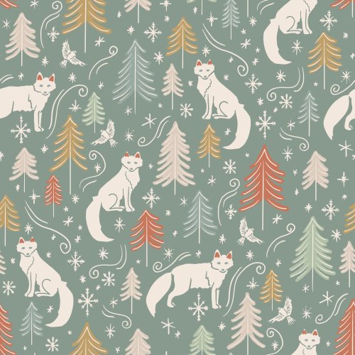 Arctic foxes, snow birds and Christmas trees surrounded by snowflakes.