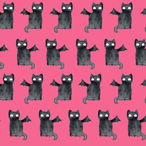 Dark pink background with watercolor black cats with wings