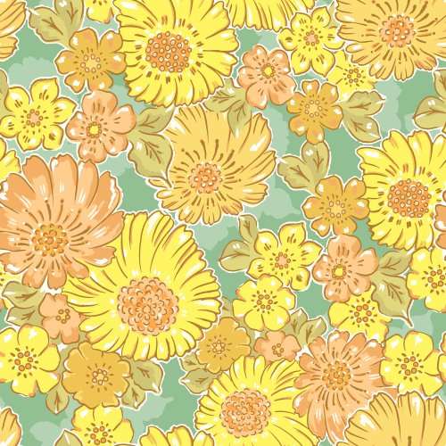 Spring Bohemia Buttercup Cosmos Retro Floral in Green