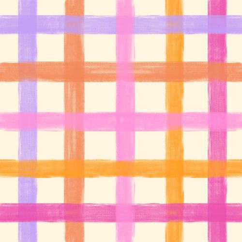 Summer Sun plaid with shades of purple, pink, yellow, and orange. Hand painted textured check