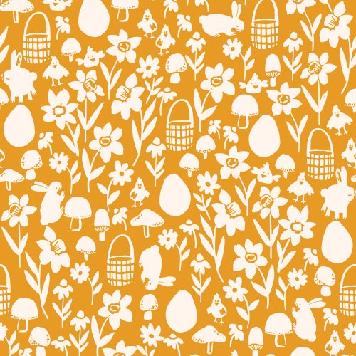 easter fabric design with bunnies, chicks, flowers, eggs and baskets