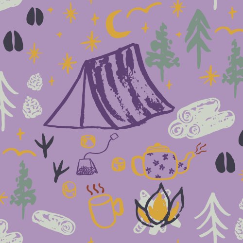 Hand drawn camping in the forest illustrative pattern with camp fire, night sky and tent