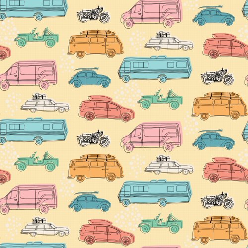 hand-drawn vehicles in a retro palette