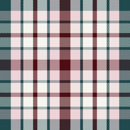 Light plaid fabric with wine, teal and cream tones in a balanced check design