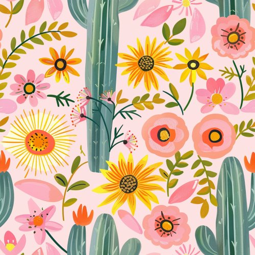 pink and yellow floral with cactus design